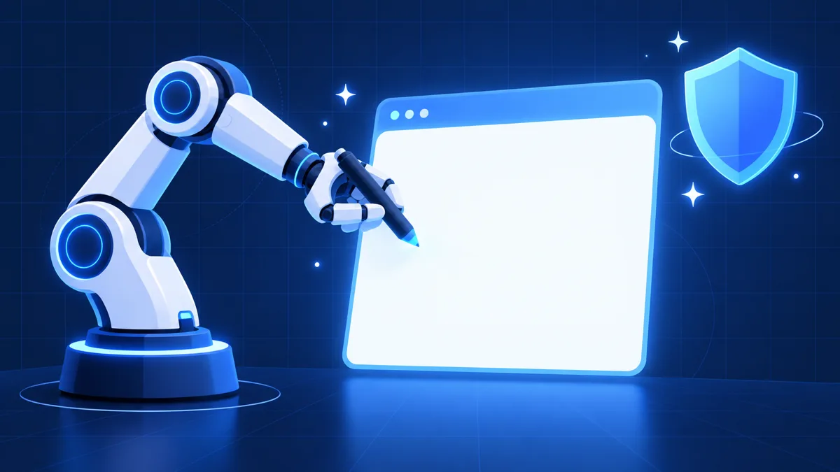 AI 로봇이 문서 편집 화면에 글을 쓰는 일러스트